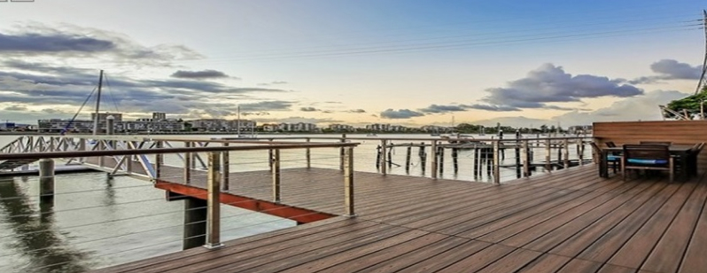 river view, clouds, sky, city, water, wood, deck