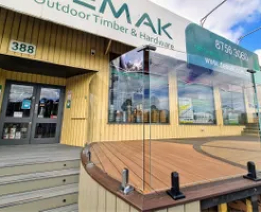 Demark outdoor timber and hardware store, deck, glass railing